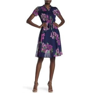 Nanette‎ Lepore Navy/ Pink Floral A-line Dress Size 10